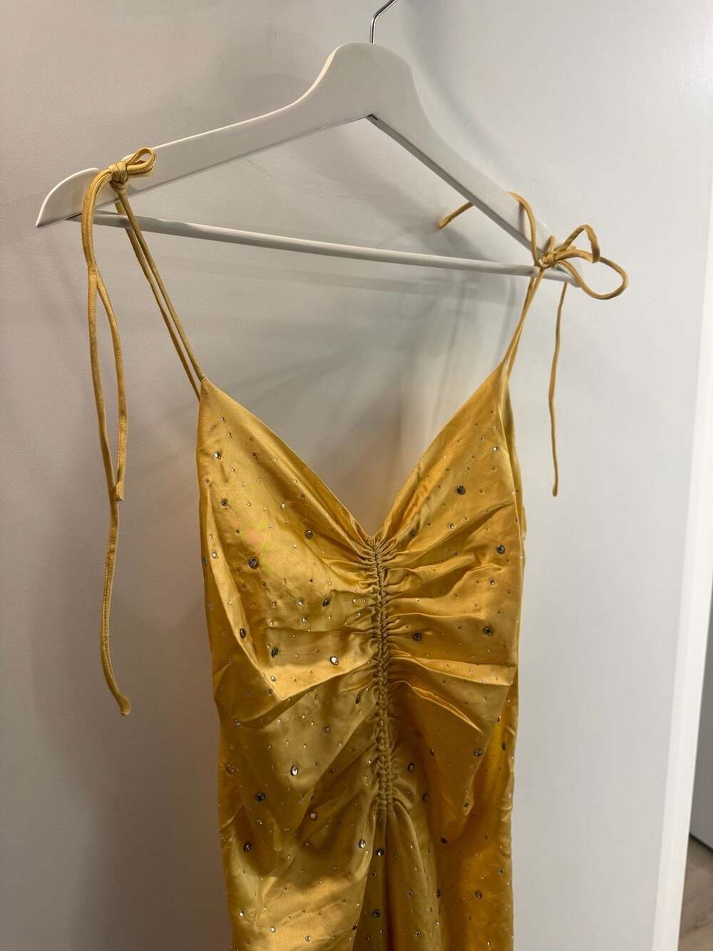 Sandro Yellow Rhinestone Embellished Ruched Midi Dress Size L - Picture 2 of 6